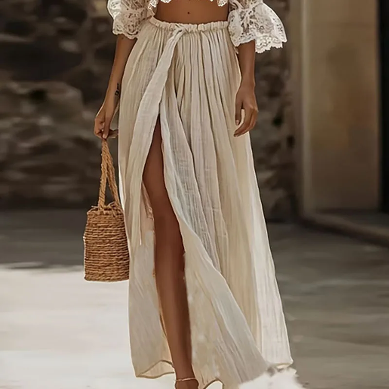 Womens Bohemian Lace Two Piece Set Sexy Deep V Neck Crop Top+High Waist Slit Maxi Skirt Vacation Outfit Flare Sleeve Hollow Suit view 4