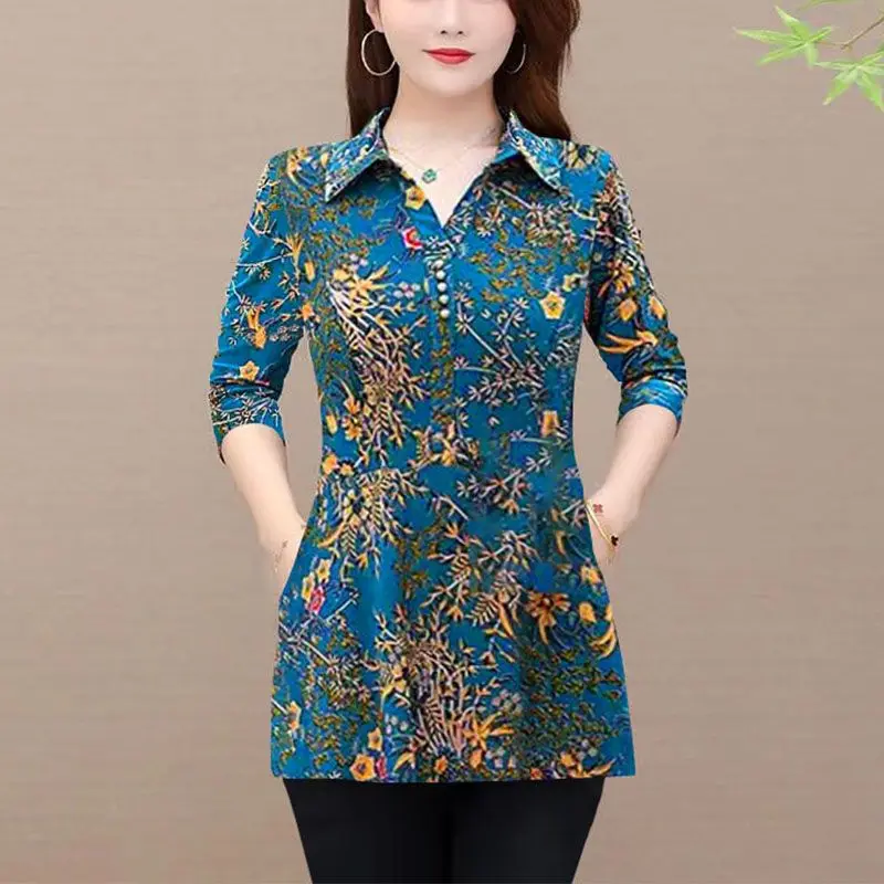 Stijlvolle Folk Gebroken Bloemen Blouse Vintage Casual Revers Lente Herfst Knoop Lange Mouw Dameskleding Pendelbedrukt Shirt