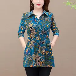 Blusa de manga longa feminina, folclórica, flores quebradas, vintage, lapela casual, camisa estampada com trajeto, elegante, primavera, outono, botão