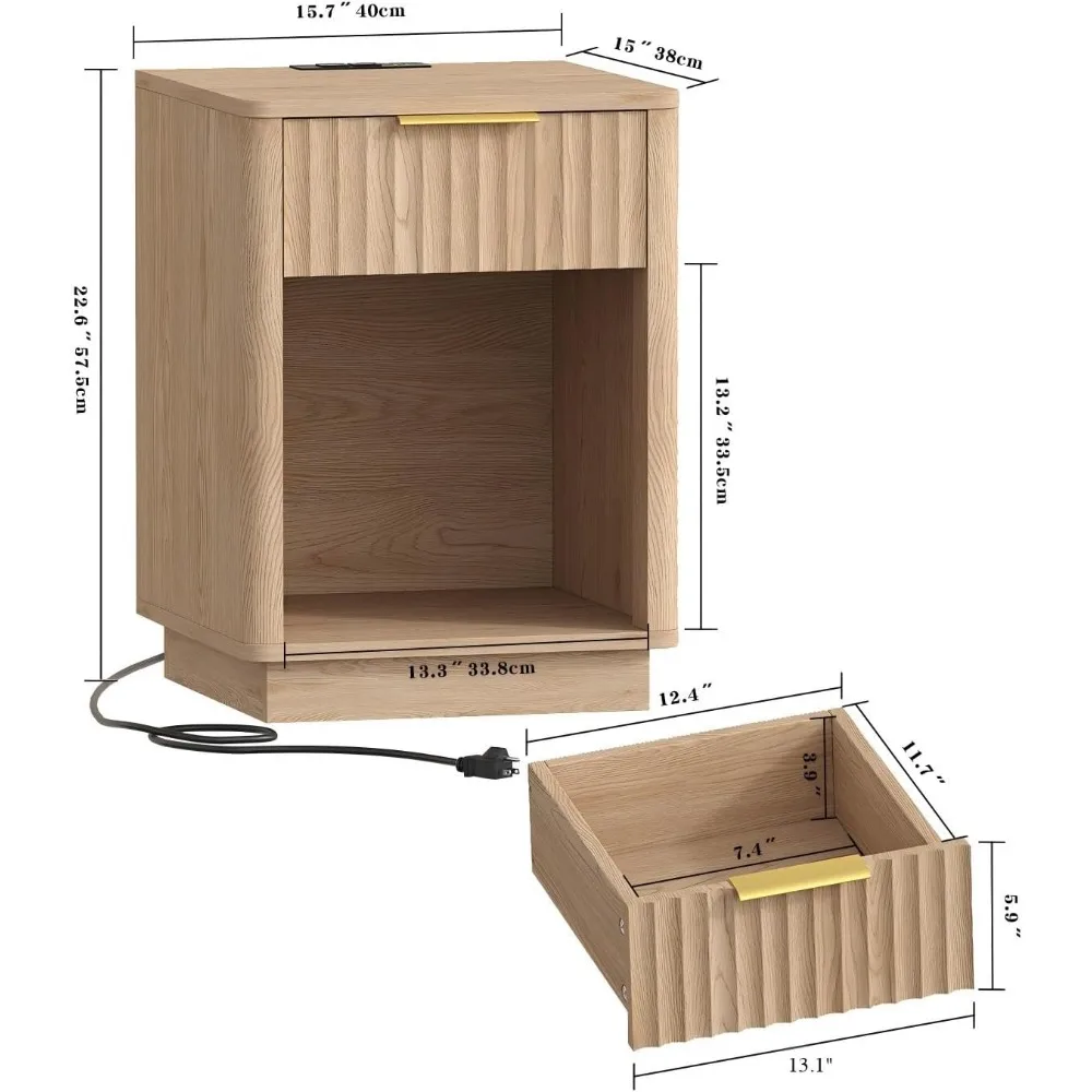 طقم منضدة مكونة من قطعتين، حامل ليلي خشبي مع قاعدة شحن وإضاءة LED، طاولة نهاية حديثة مع درج وتخزين مفتوح #6