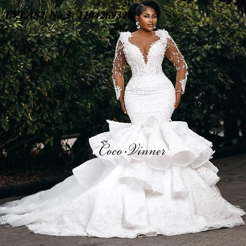 

Customized Sexy V Neck 2026 Mermaid Wedding Dresses For Africa Brides Long Sleeves Crystal Beading Luxury Wedding Dress W1493