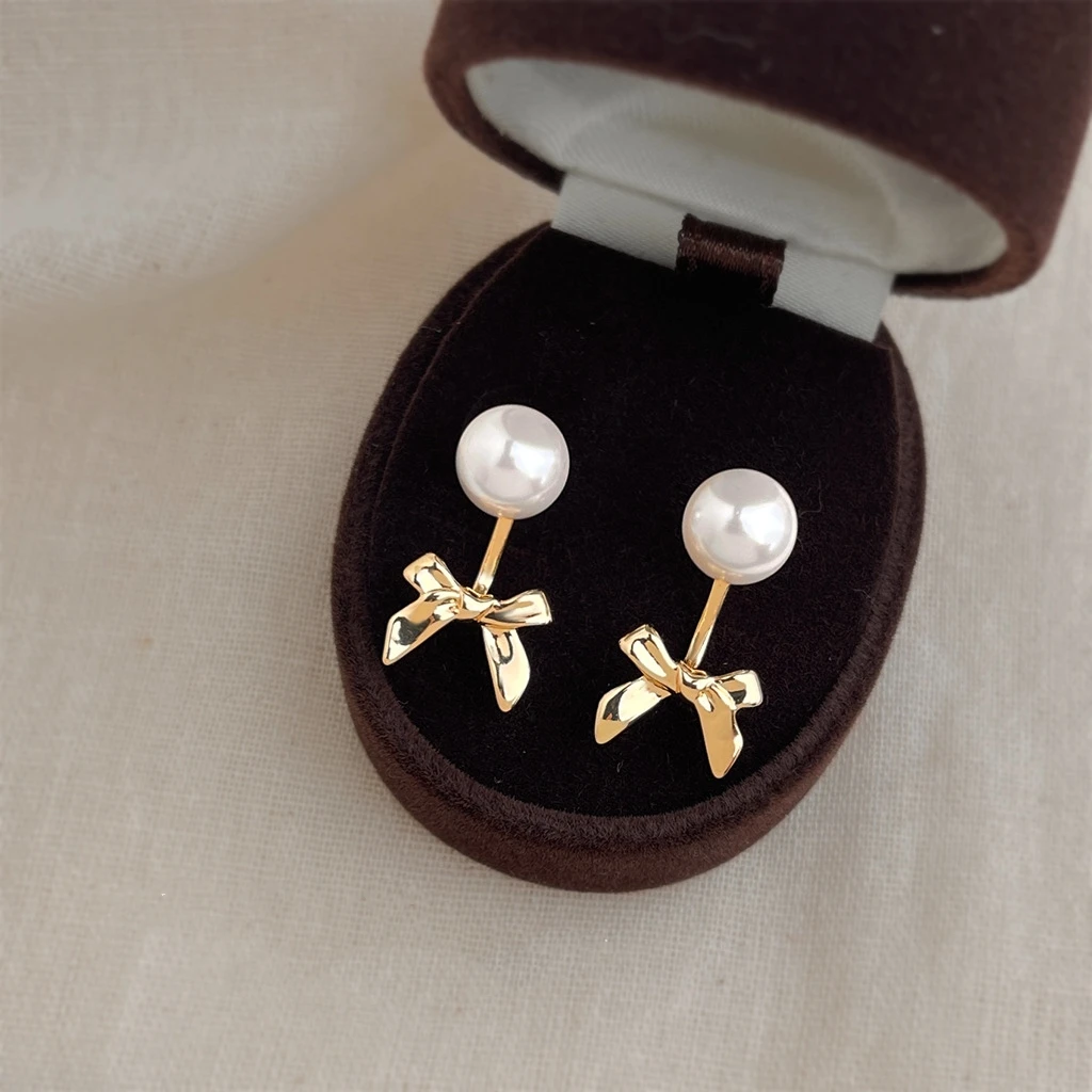 14K Gold Plated Copper Bow Pearl Drop Earrings For Women Dainty Two Way Wear Pearl Stud Earrings Minimalist Daily Jewelry Gift