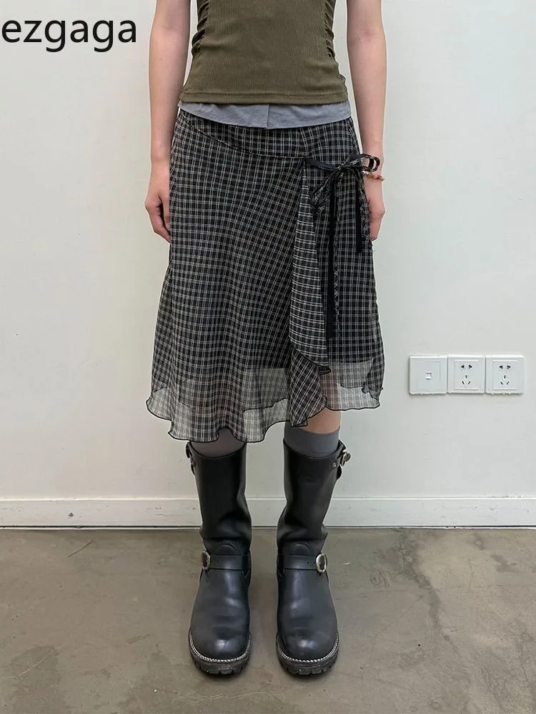 

Ezgaga Women Skirts Patchwork Plaid Bandage Irregular Fashion Vintage French Style Chic Sweet Female Skirt Casual Street
