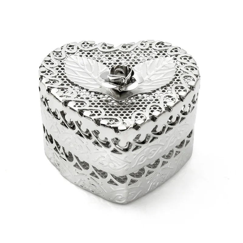 Silver Heart Shaped Jewelry Trinket Box Hollow Rose Flower Figurines Jewelry Boxes Ring Holder for Girls Women