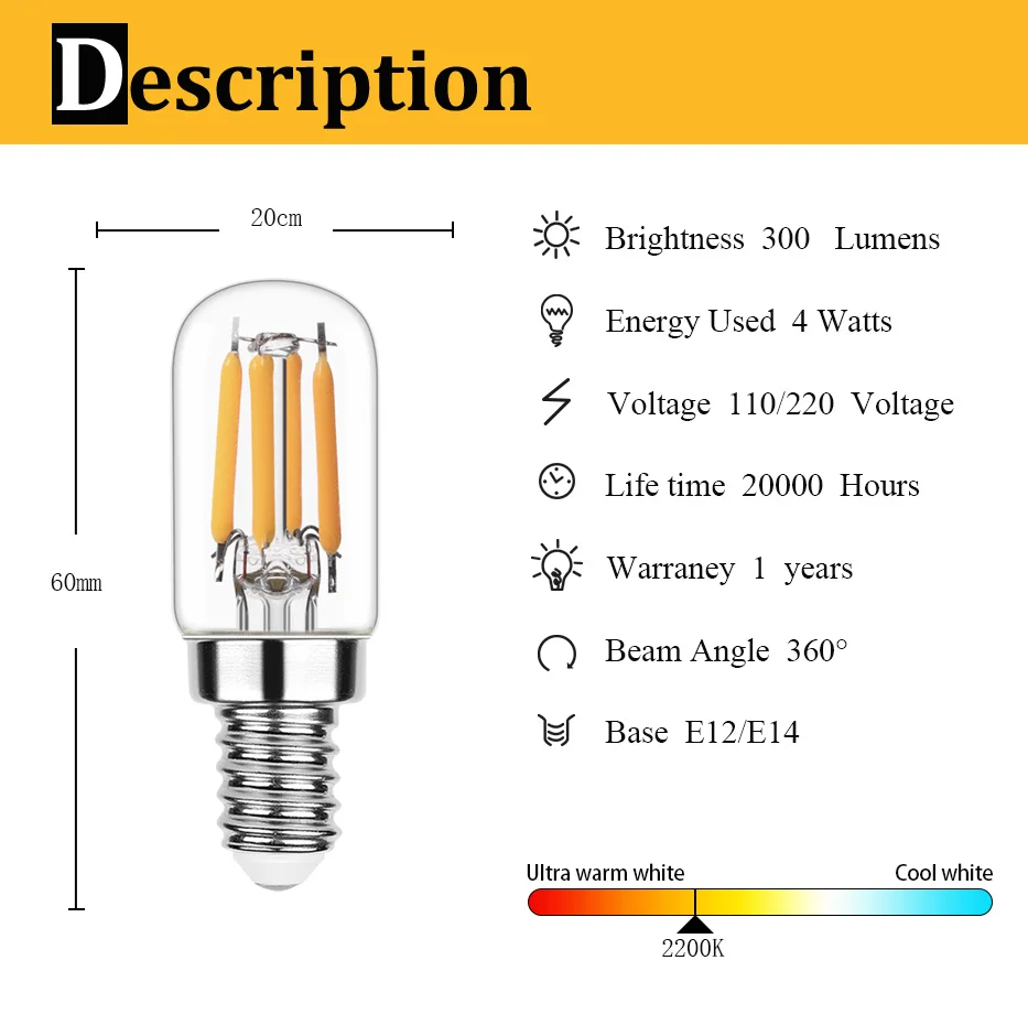 Retro Led Filament Bulb 2W 4W T20 Tubular Mini Night Light Refrigerator Radio E12 E14 Replacement Bulb No Flicker Dimmable Lamps