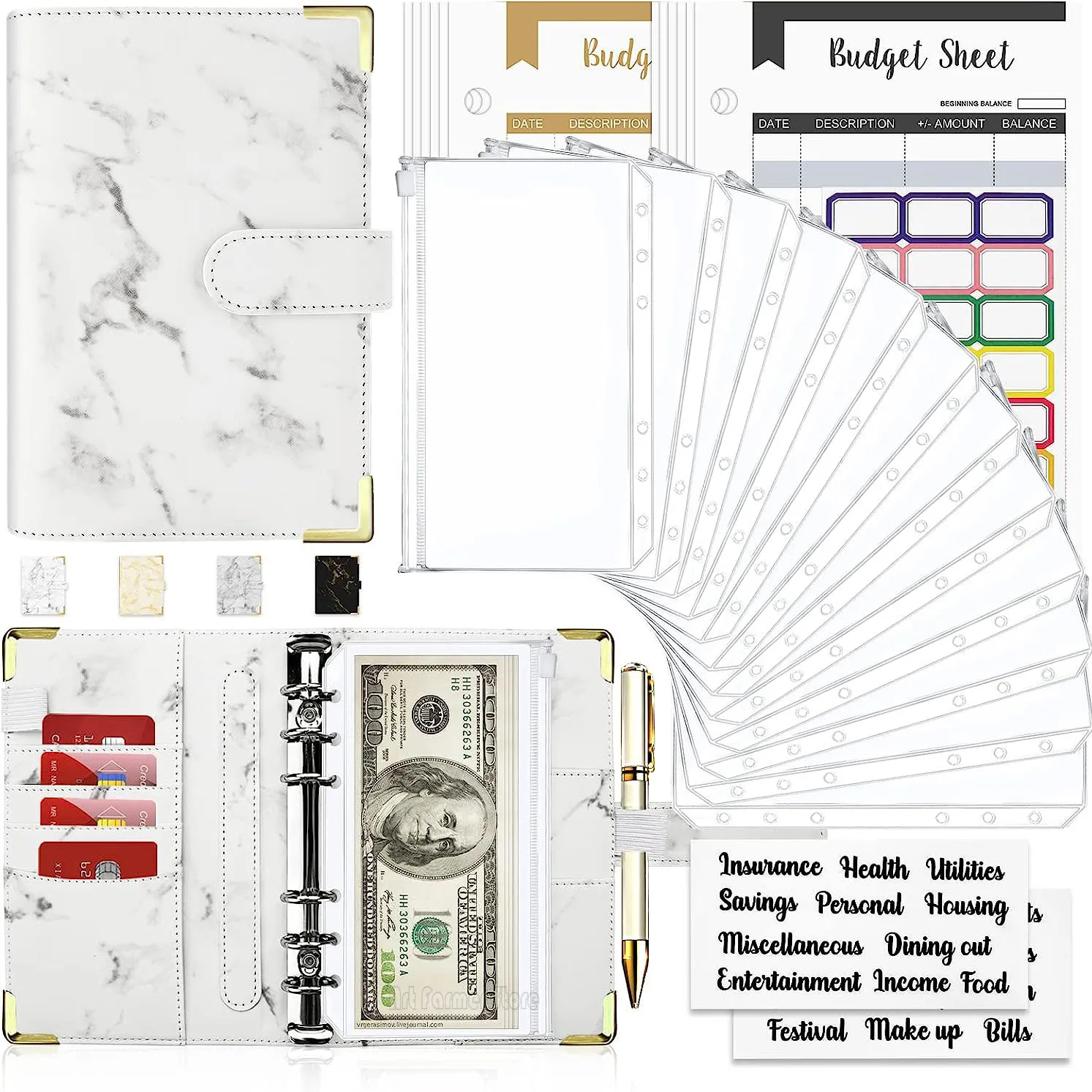 

A6 Marble Soft Leather Money Budget Planner Binder With Zipper Envelopes Cash For Budgeting, Money Organizer For Budget Binder