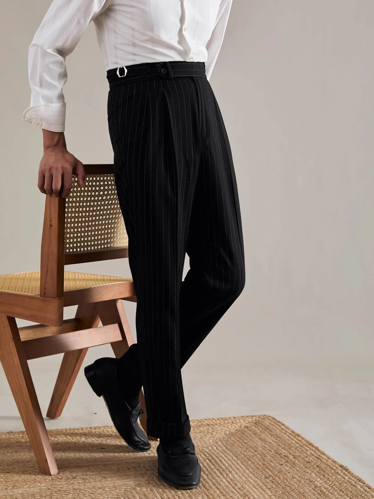 

Chic Business Casual Striped Mid-Waist Pants Press-Free Drapey Paris Buttoning Spring Autumn Straight Leg West Pants