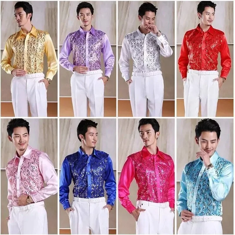 Men Ballroom Competitive Wedding Party Pleased Shirts Wear New Arrival Latin Dance Tops For Male Multi Color Cotton Shirt