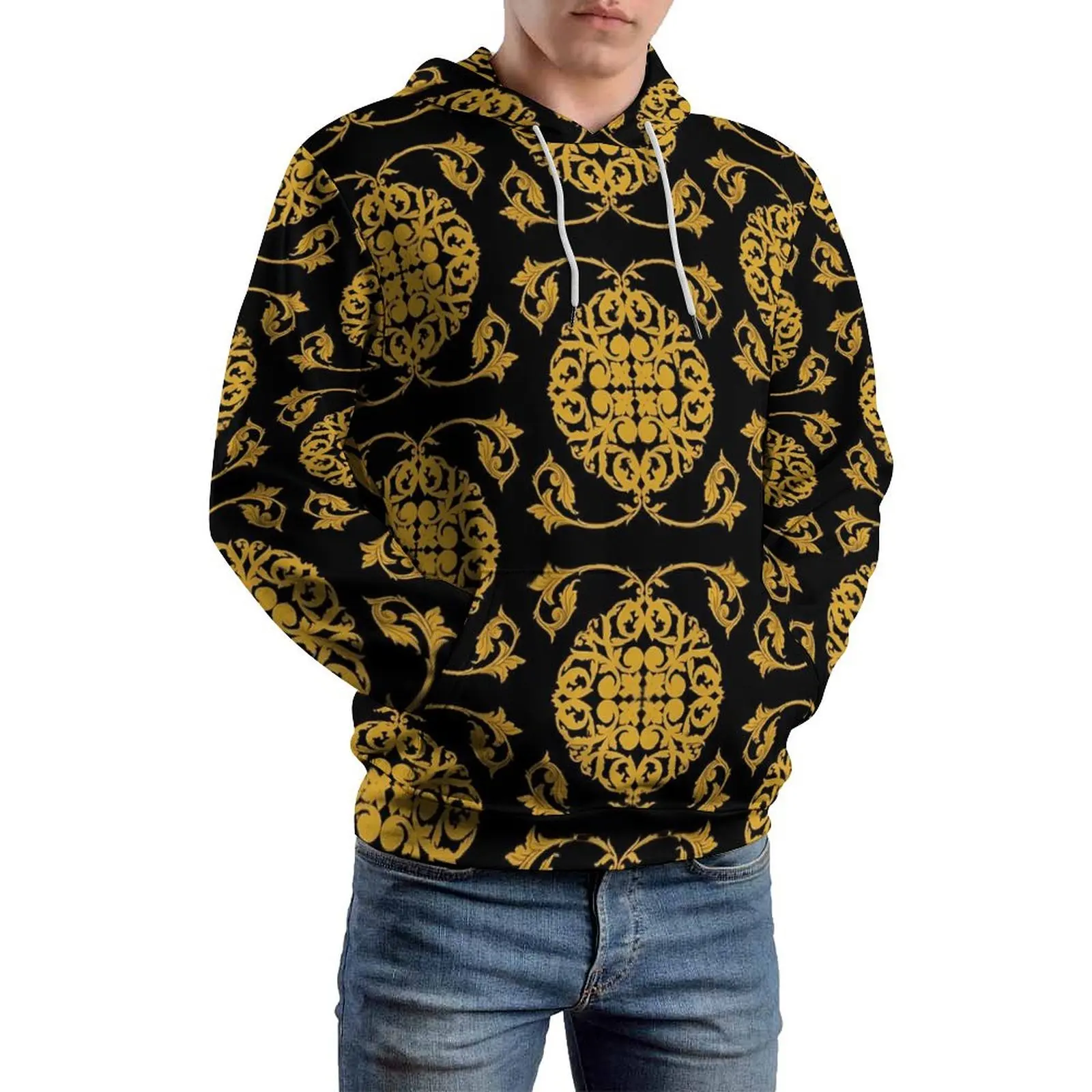 Gold Baroque Loose Hoodies Vintage Print Casual Hoodie Couple Long-Sleeve Aesthetic Printed Hooded Sweatshirts Plus Size 4XL 5XL