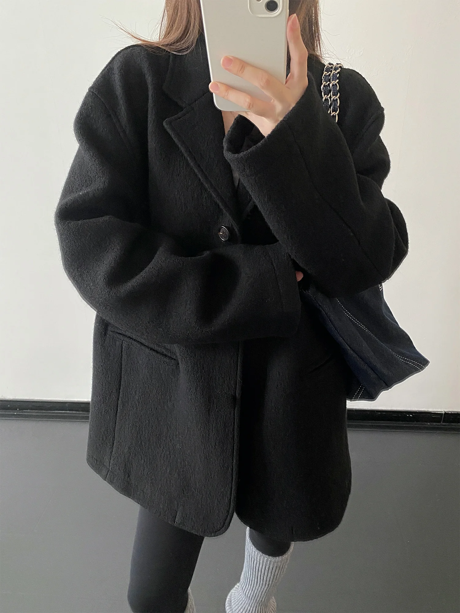 

SunYeo Woolen Tweed Casual Loose Fit Button-Up Notch Collar Suit Bla Outerwear Women's Commute Sle Long Sve Pure Color