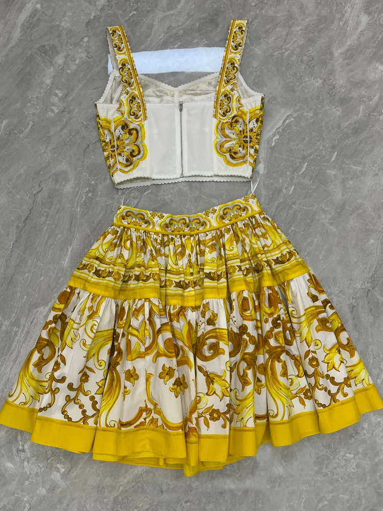 AELESEEN Women Sicilian 2 Pieces Set Design Fashion 100% Cotton Spaghetti Strap Crop Top + Mini Skrit Yellow Flower Print