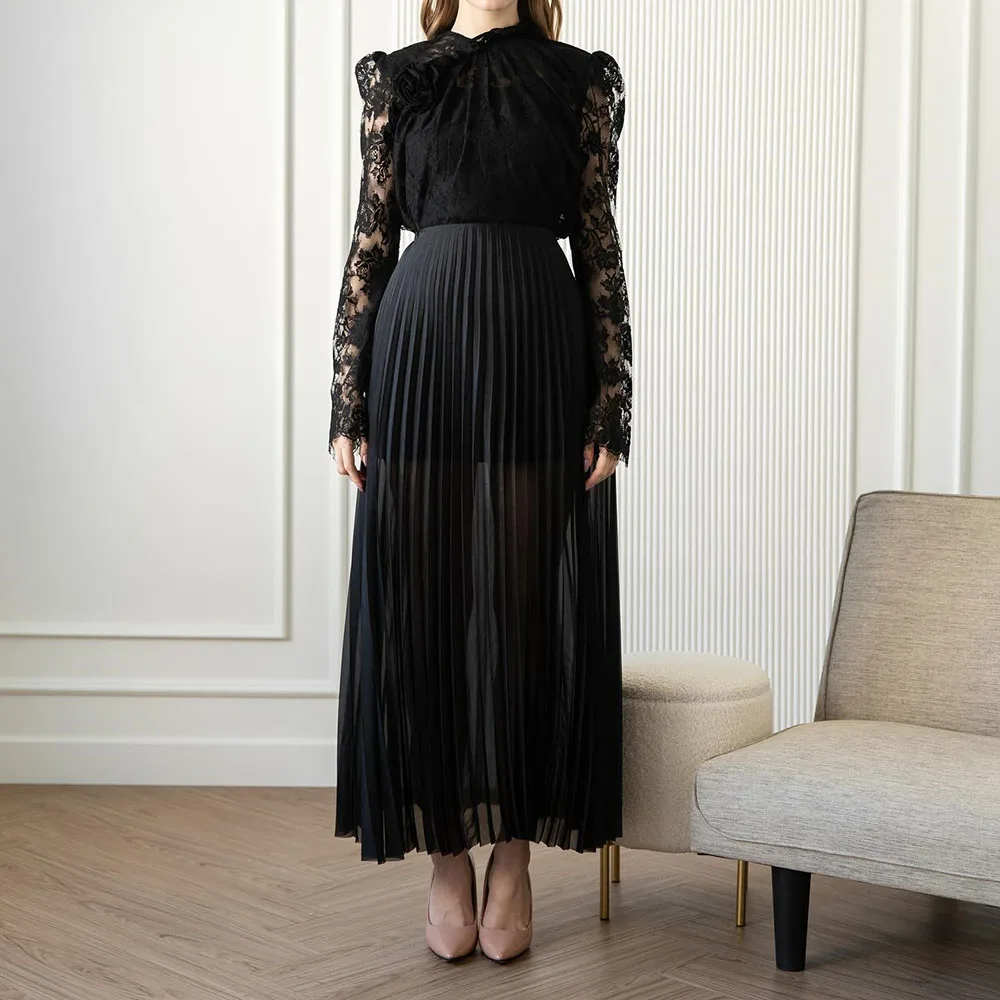 

Customized A-lien Evening Dresses Tea-length High-neck Full Sleeve Prom Gown Simple Fashion Lace Flowers Draped Party Gown