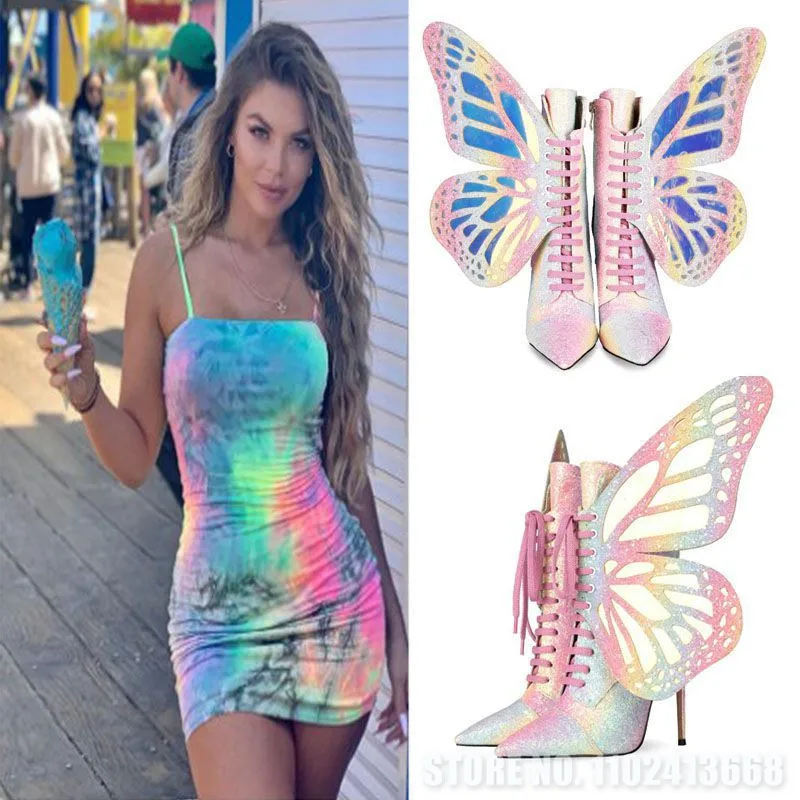 Butterfly Wings Flat Boots Lady Sweet Fashion Fairy Shoes Autumn Laser White Blue Colorful Lace Up Ankle Chelsea Booties Mujer