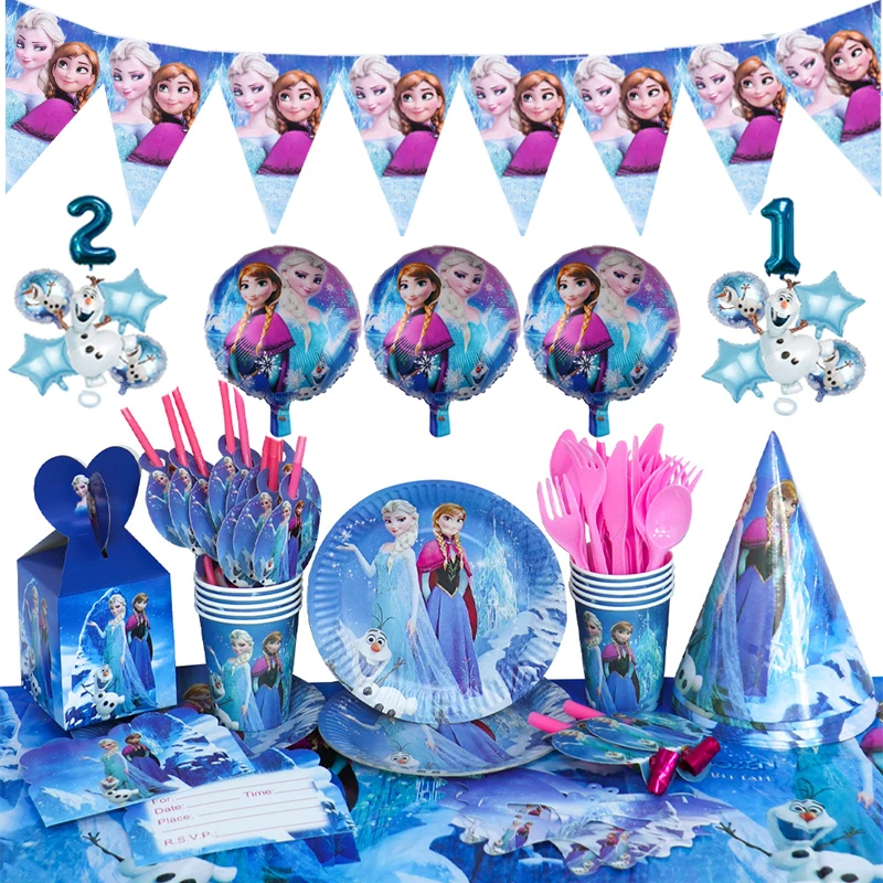 Snow Queen Birthday Disposable Disney Frozen Anna Elsa Party Decoration Disposable Set Kid Plate Cup Party Supplies Baby Shower