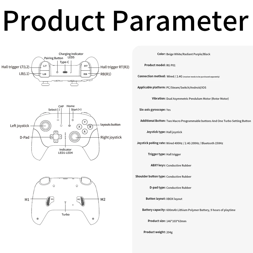 RG P01 Retro Games Controller Bluetooth Wireless Wired Gamepad Hall Effect Joystick/Hall Triggers Joystick For PC Steam