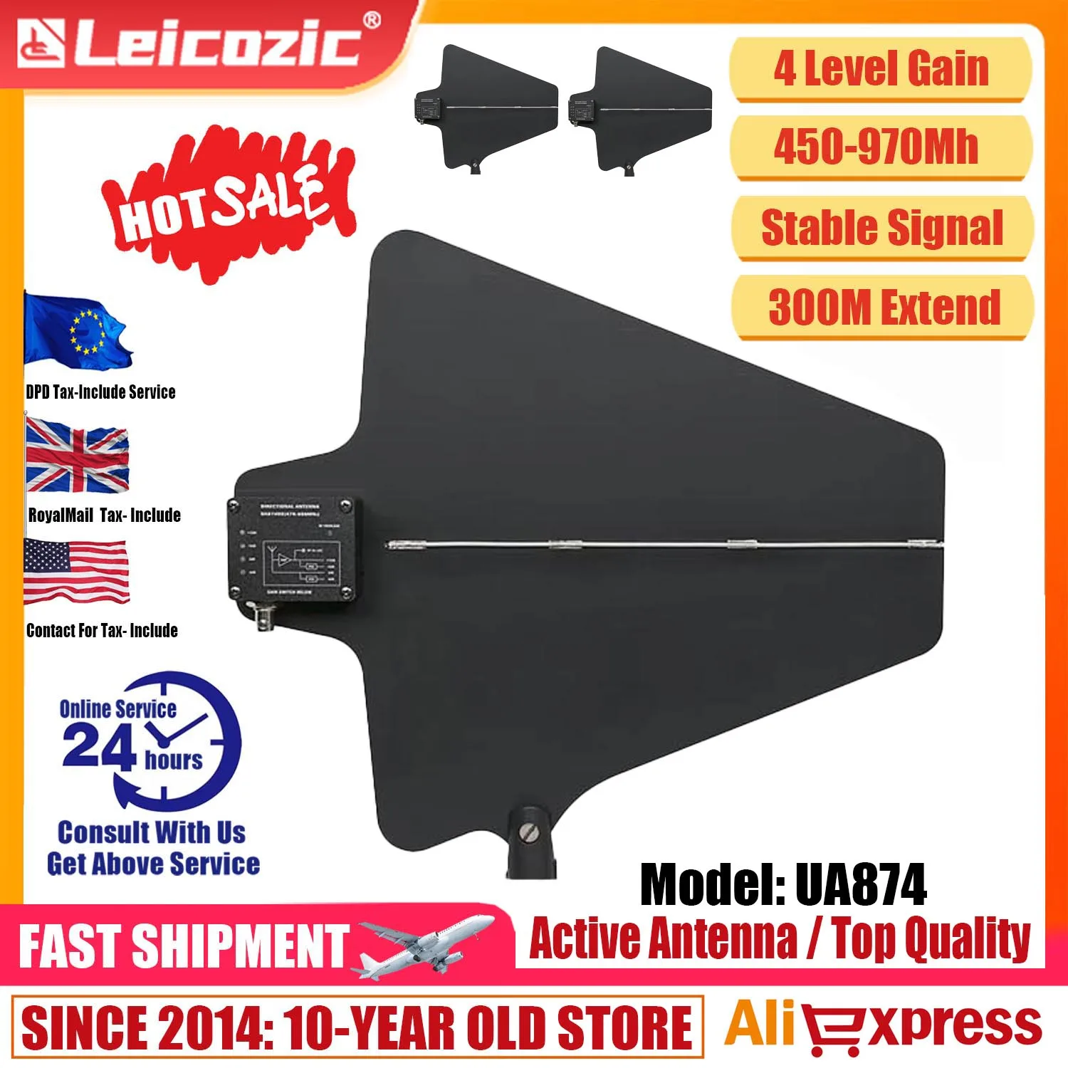Leicozic UA874 Kit de dos antenas direccionales activas y sistema divisor Antena UHF amplificador integrado para micrófono UHF470-950 inalámbrico