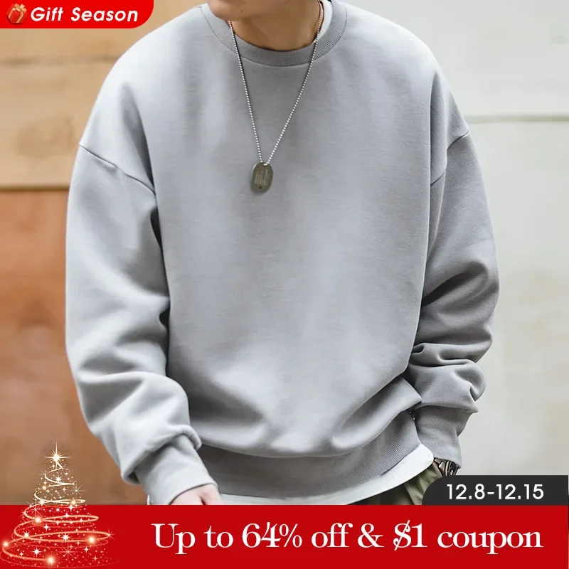 Maden Workwear Retro Grey Off Shoulder Space Cotton Sweater Air Layer Hatless Round Neck Coat Head Men's Fashion