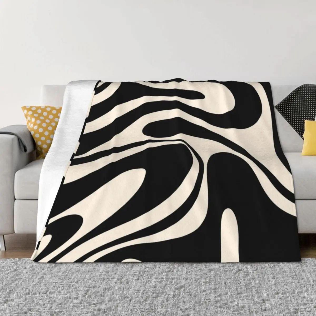 

Retro Fantasy Swirl Abstract in Black and Almond Cream Throw Blanket Plaid Thin Picnic Soft Blankets