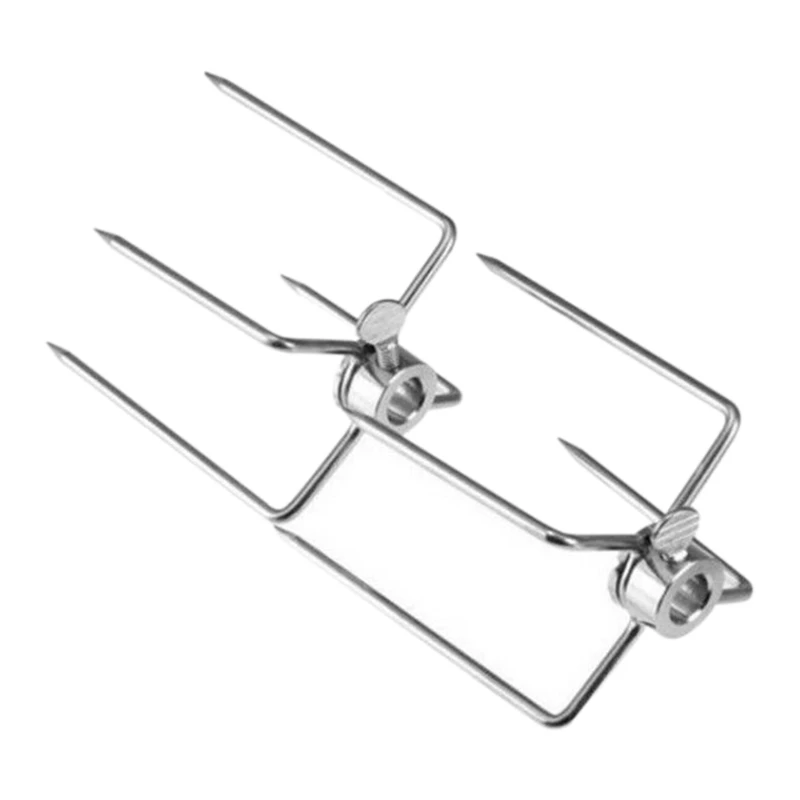 2Pcs BBQ Rotisserie Meat Forks Clamp Grill Meatpicks Stainless Steel Barbecue Skewer