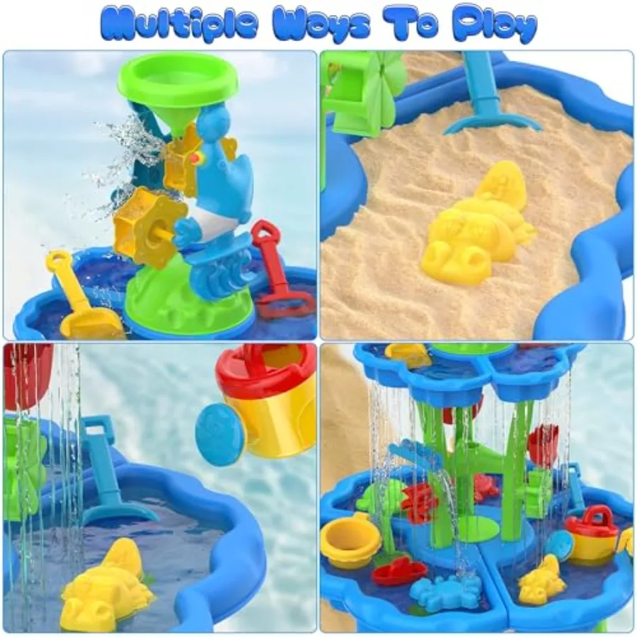Outdoor water sand play table for toddlers, plastic, blue and yellow, 2-tier sensory activity with splash feature for summer pa view 2