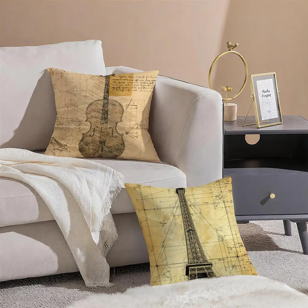 Da Vinci Inspired Sketches Cushion Cover Linen Pillowcase Cover Soft Decor for Sofa Home Room
