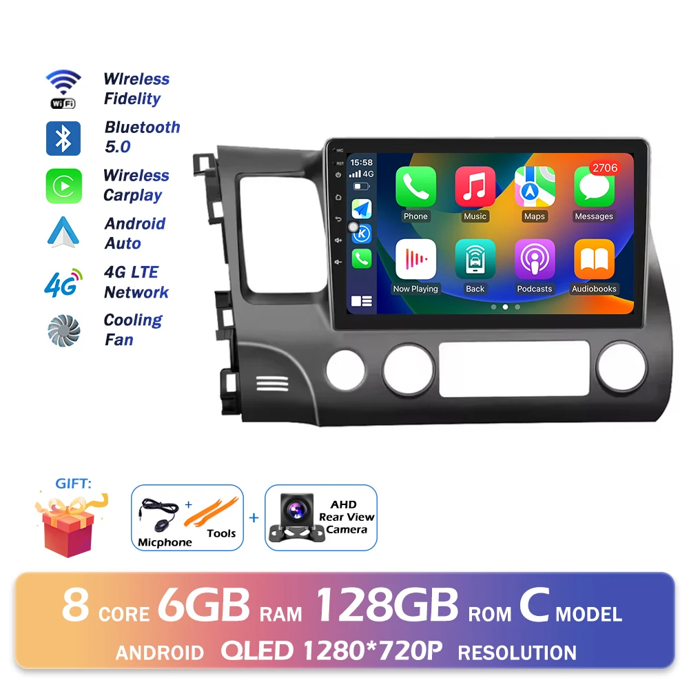 Android 16 Bluetooth Voor Honda Civic 2006-2011 Autoradio Intelligente Multimedia Speler Auto Draadloze CarPlay WIFI 4G DSP GPS