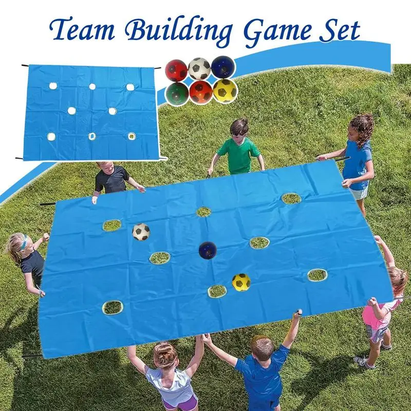 

Hole Tarp Team Building Game Oxford cloth with 6pcs Footballs Teamwork Group Exercise Activities Outdoor Toys for School