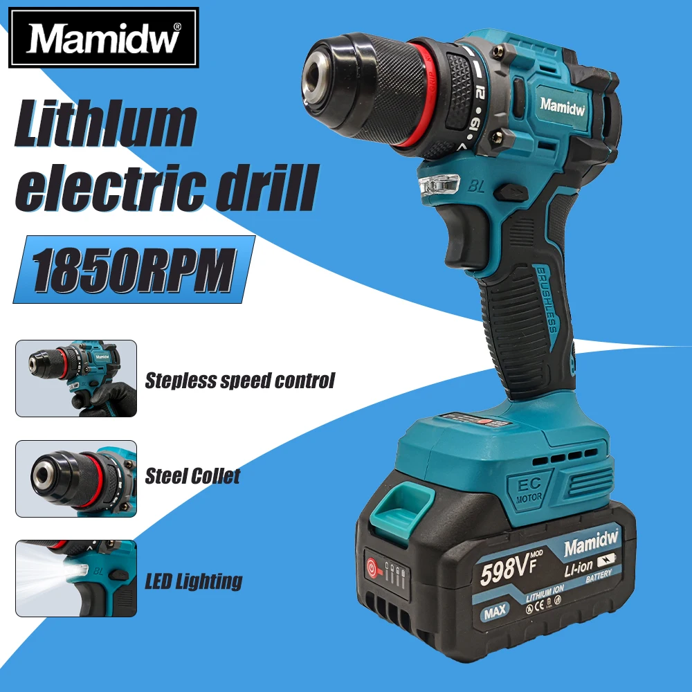 Mamidw 85N.M brushless electric drill, ergonomic design, durable structure, drilling machine,For Makita 18v Battery PIN