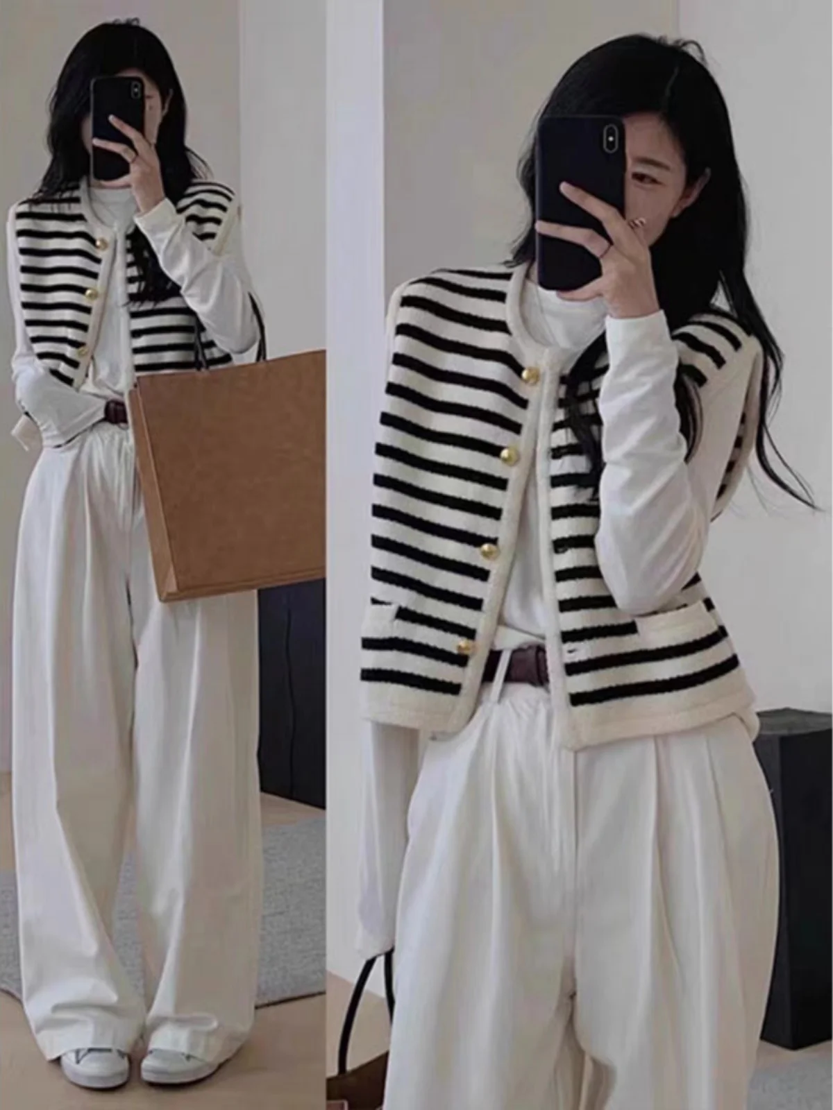 Black White Striped Sleeveless Knitted Vest Outerwear Women's Spring Autumn Open Cardigan Sweater Top round Neck Single Button