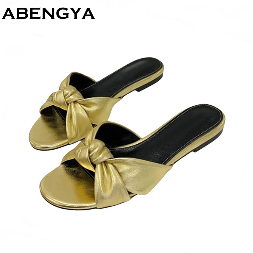 New Leather Flat Slippers Women Peep Toe Slides Summer Holiday Beach Shoes Woman Dress Slippers Women's Sandals