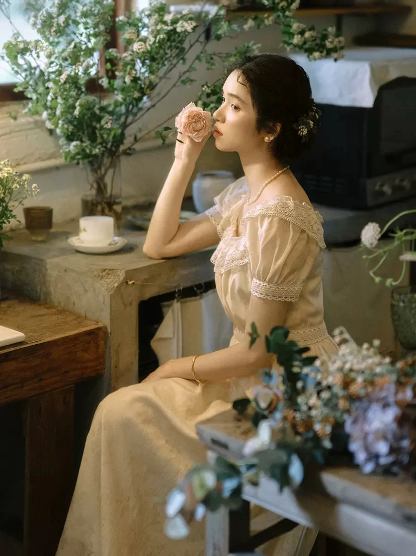 84-96cm Bust Summer Women Sweet Vintage Lace Trimmings Slim Waist Comfortable Long Dresses