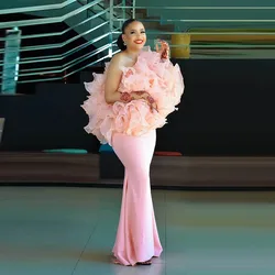 Baby Pink Mermaid Prom Dresses Ruffles One Shoulder robes de soirée Women Formal Evening Gowns Birthday Party Dress For Photos