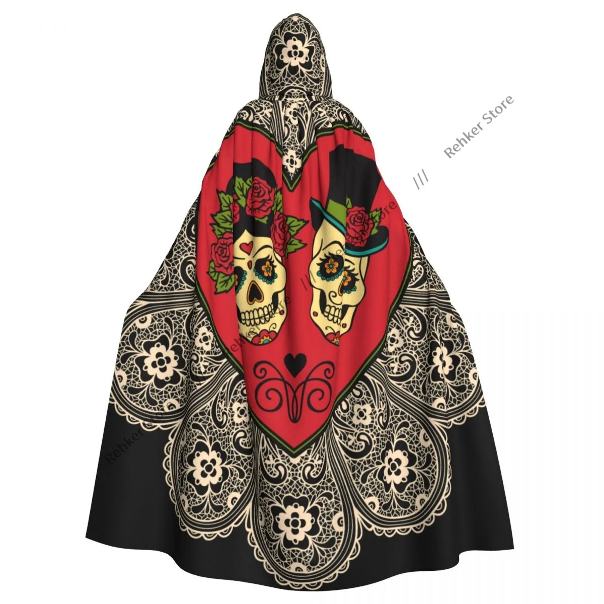 

Adult Vampire Cape Hooded Robe Mexican Sugar Skulls With Heart And Lace Halloween Cloak Full Length Cosplay