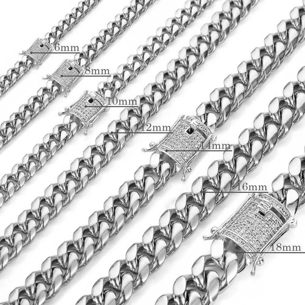 New Arrival 8mm-18mm Stainless Steel Miami Curb Cuban Chain Bracelet Necklace for Women Men jewelry Casting Crystal Lock