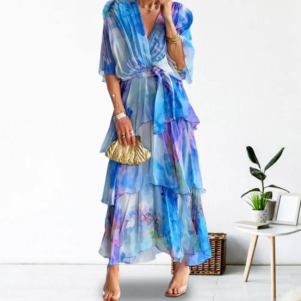 

Women Loose Hem Maxi Dress Dreamy Colors Ruffle Lace-up Maxi Dress Multi-layered Pleated V Neck with Scattered Cake for Beach