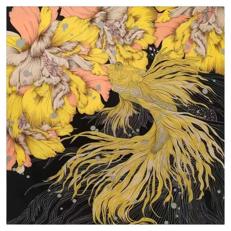 

130cm European New Design Scarf Golden Fish Floral Print Lightweight Sunscreen Shawl All-Season Travel Scarf Women Gift Present