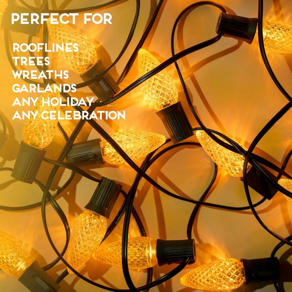 Lot de 500 ampoules de Noël LED à facettes jaunes C9, ampoules de remplacement durables pour l'intérieur et l'extérieur, pour la décoration de vacances