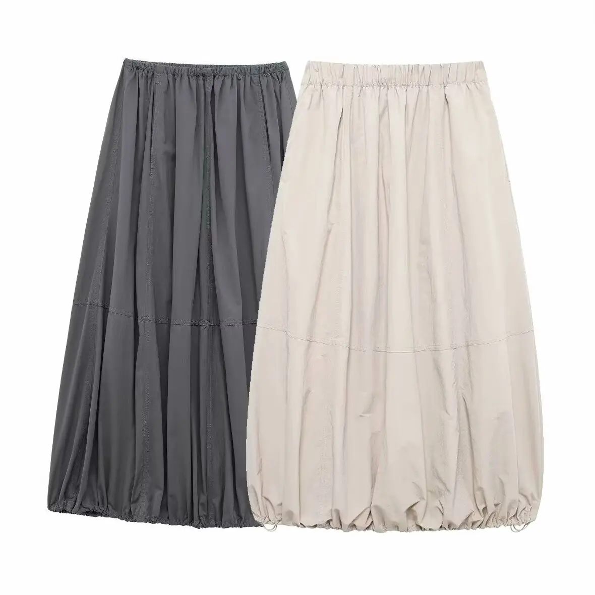 

TRAFZA Summer Female Fashion Pleated Decorated Balloon Lantern Skirt Women Elastic Waist Drawstring Mid-Calf Casual Skirt Mujer