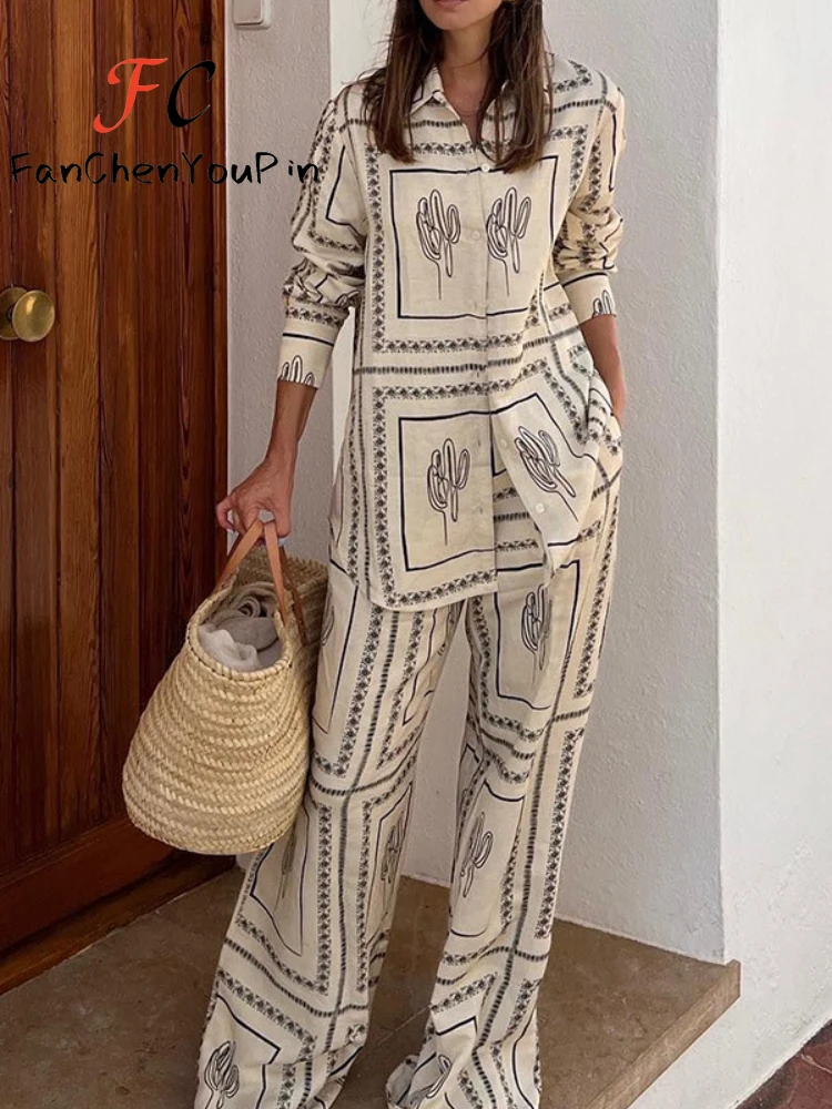 2024 New Spring Summer Loose Fashion Printed Long Sleeve Shirt Top Casual Elastic Waist Wide Leg Pant Beach Holiday 2 Piece Suit