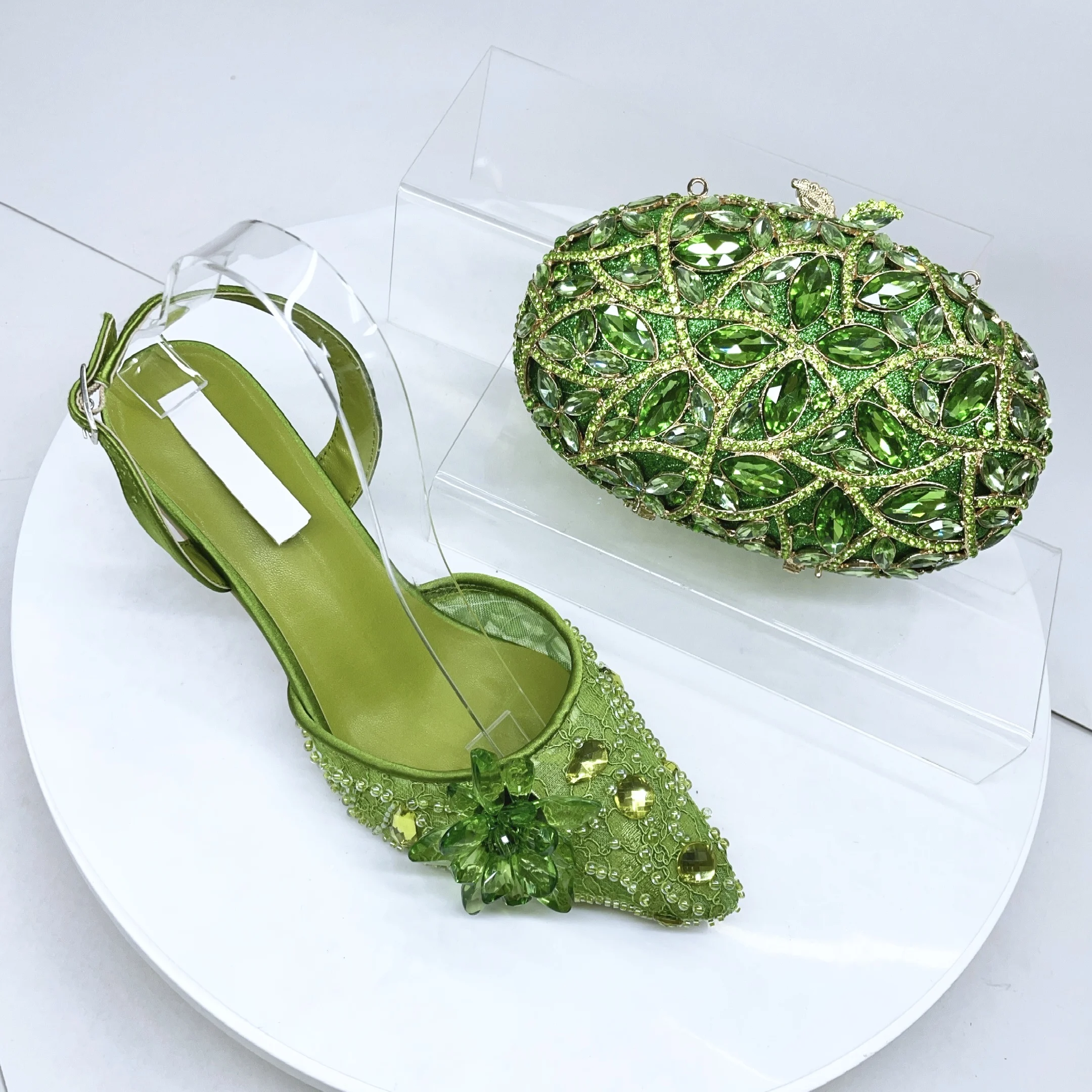 

LNATISNOVA Luxury Women Shoe & Bag Set, Crystal Beaded Pointed Toe Kitten Heels Slingback Pumps with Rhinestone Clutch