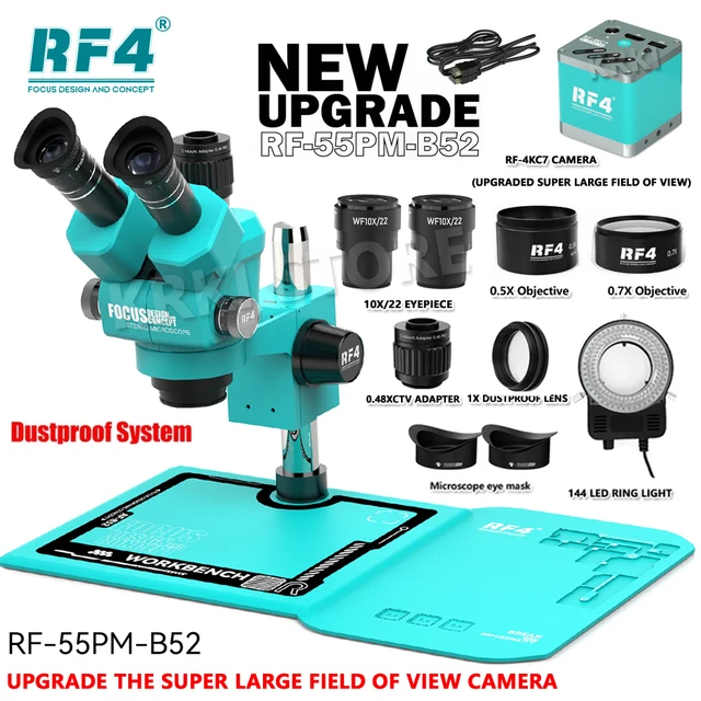 RF4 pyłoszczelny system stereoskopowy mikroskop trójokularowy 6.5-55X duże pole 4K HDMI USB telefon z aparatem lutowanie naprawa PCB RF-55PM-B52