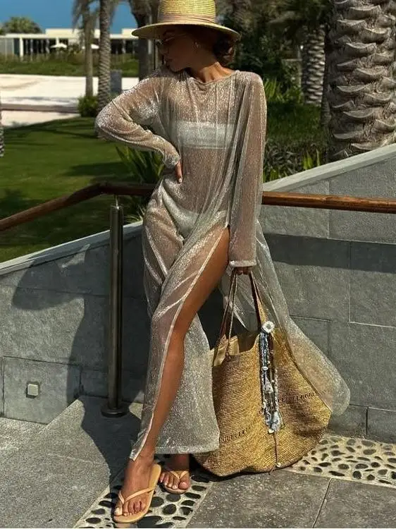 

Новая женская юбка А-силуэта с высокой талией, длинным рукавом, круглым вырезом и разрезом, с защитой от солнца, для туризма, весна-лето