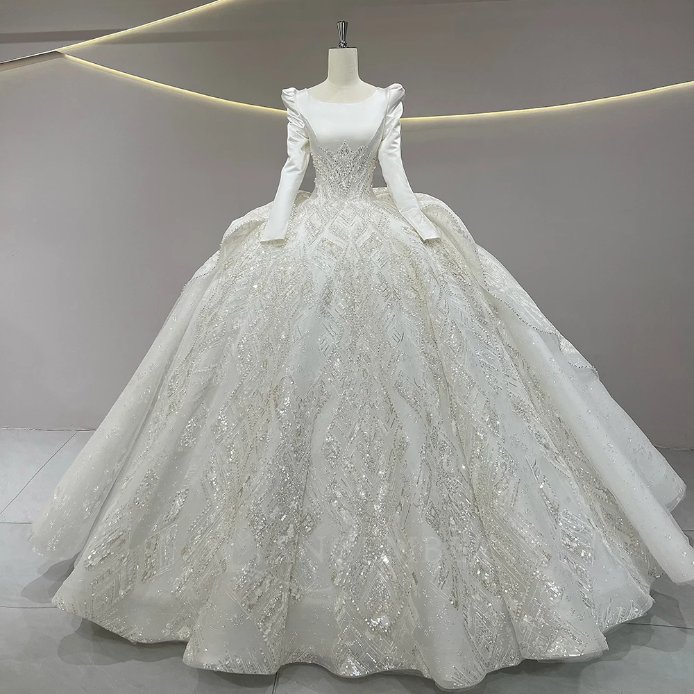 맞춤 제작 2026 신상 웨딩드레스 라운드넥 긴팔 비즈 장식 코르셋 브라이덜 드레스 새틴 웨딩드레스 웨딩드레스 (vestidos de novia boda)