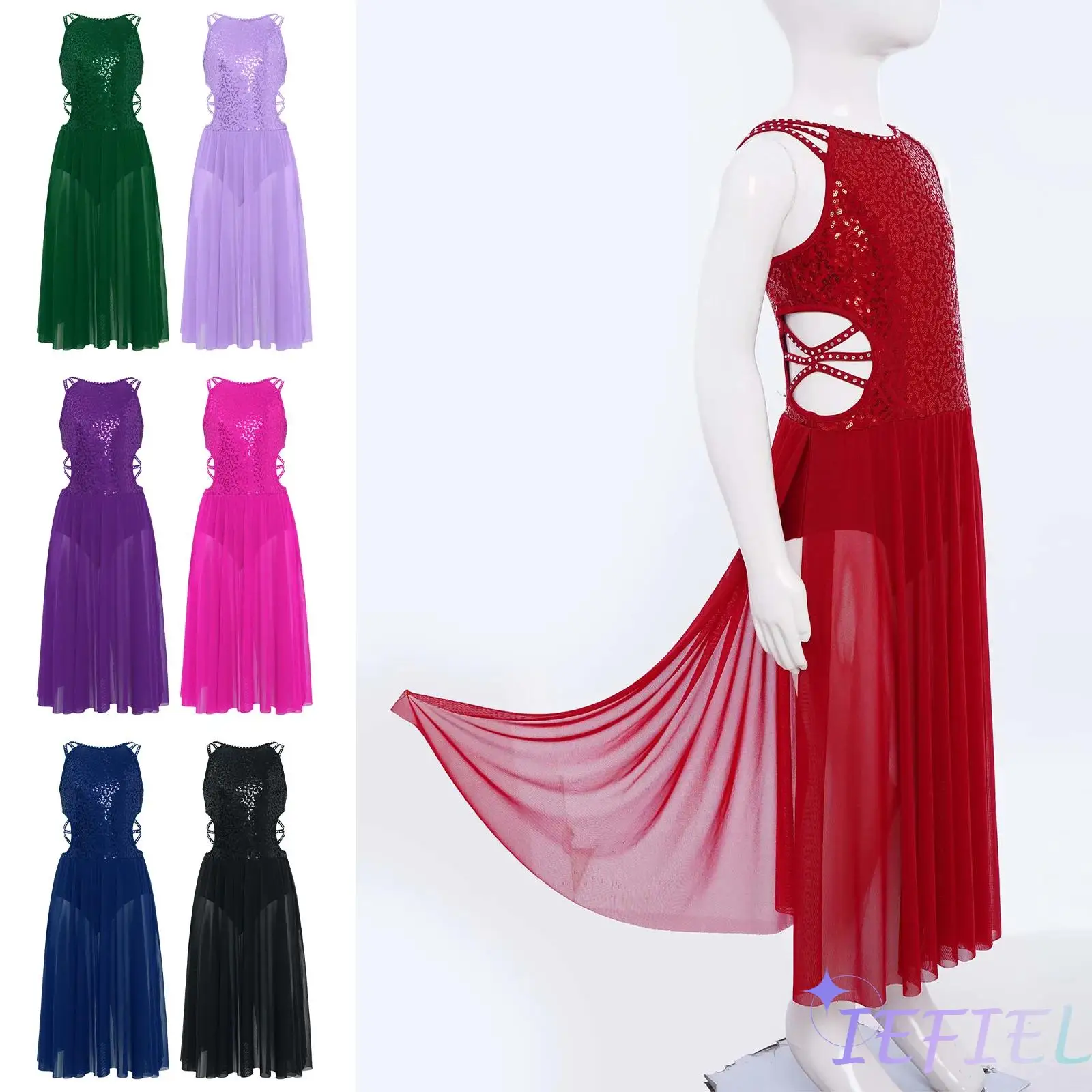 

Girls Shiny Sequins Lyrical Dance Costume Rhinestones Strappy Cutout Waist Bodice Side Split Mesh Dress