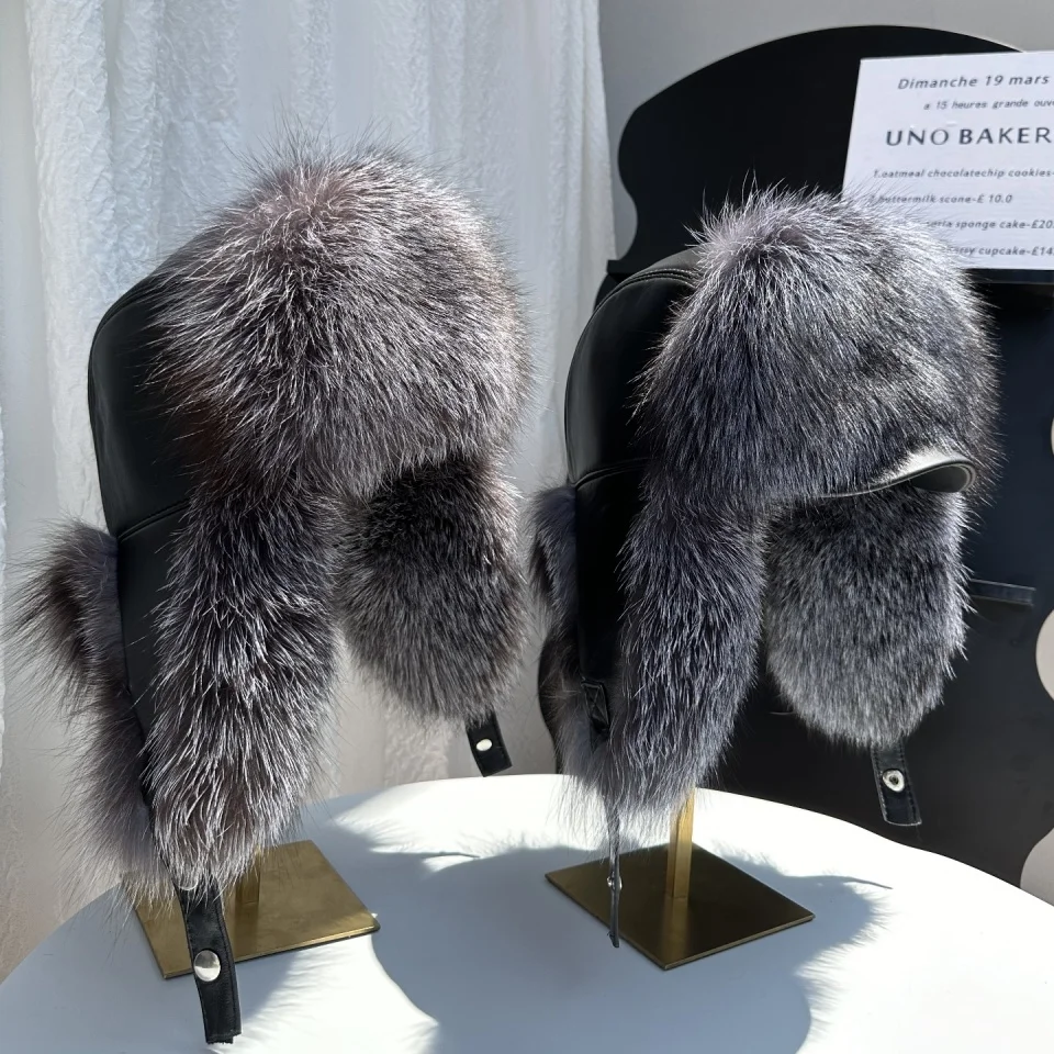 New 100% Genuine Fox Fur Ear-Protecting Hat Men Real Raccoon Fur Hat Women Winter Warm Fur Real Sheep Leather Snow Hat