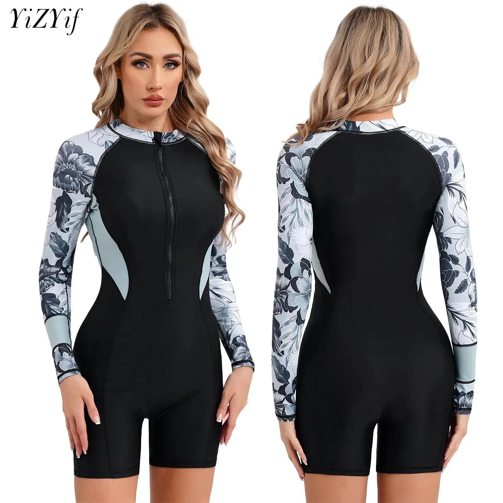 

Women Floral Print Athletic Swimsuit Wetsuit One Piece Jumpsuit Swimwear UPF 50+ Zipper Rash Guard Surfing Diving Bathing Suit