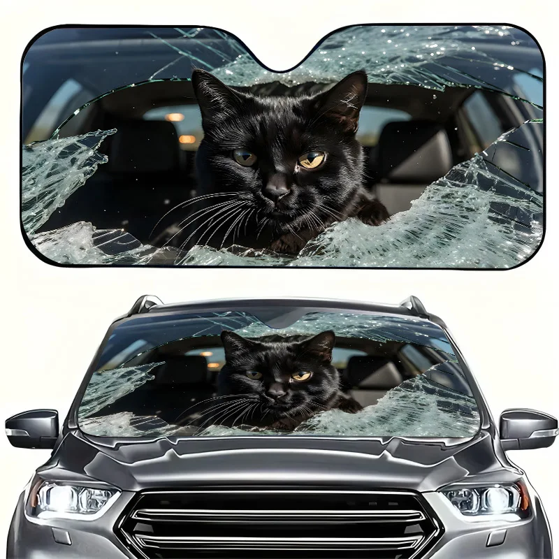 1Pcs Black Cat Breaking Through Cracked Glass Car Windshield Sun Shade, Vibrant Design, Easy Installation Shade