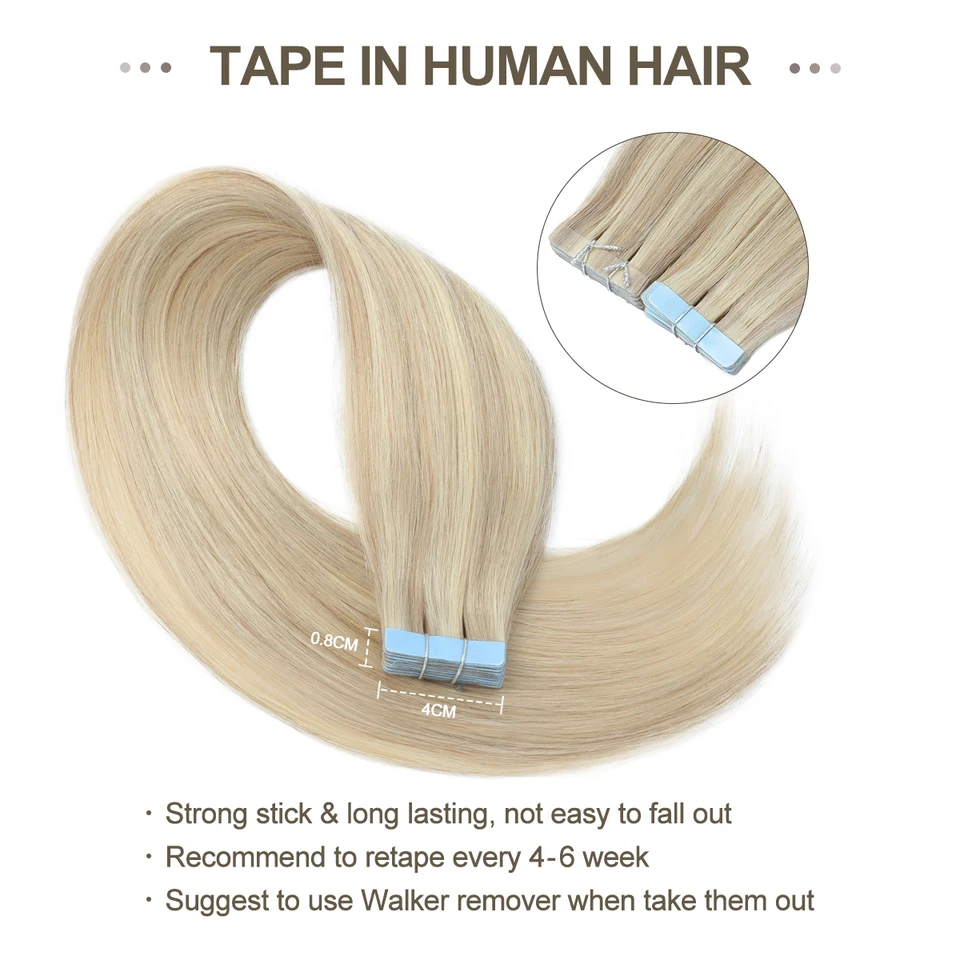 Extensiones con Cinta Adhesiva Sin Costuras de Cabello Humano Natural, Weft de Piel, PU, 16-20 Pulgadas, 30g por Paquete 4