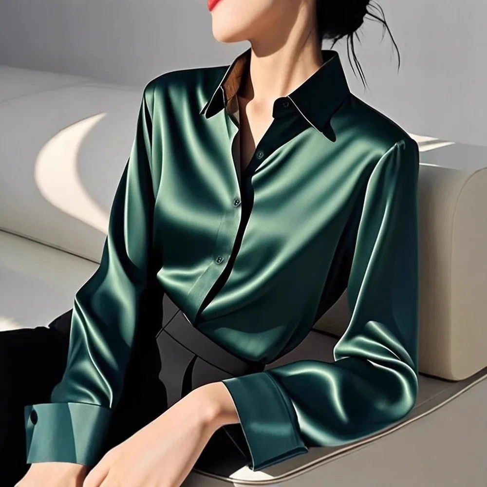 

2026 Elegant Silk Office Satin Shirts Women Fashion Clothes Slim Long Sleeve White Black Blusas Mujer Workwear Tops Blouses