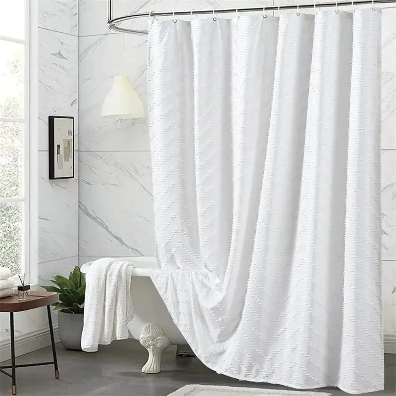 White Tufted Bathroom Shower Curtain Diamond Ruffle Pattern Elegant Chic Embroidered Fabric Boho Shower Curtain Bathroom Set